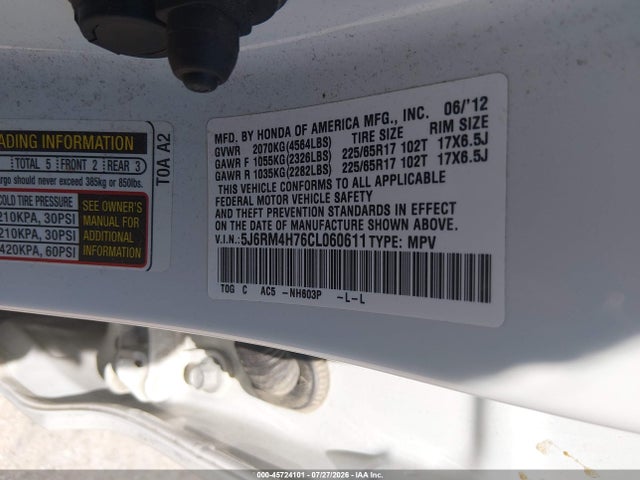 Продажа на аукционе авто 2012 Honda Cr-v Ex-l, vin: 5J6RM4H76CL060611, номер лота: 45724101