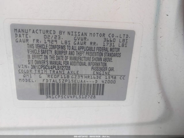 Продаж на аукціоні авто 2023 Nissan Kicks Sv Xtronic Cvt, vin: 3N1CP5CV4PL512728, номер лоту: 45724102