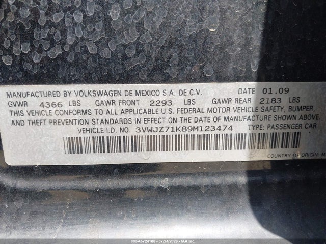 45724108 :رقم المزاد ، 3VWJZ71K89M123474 vin ، 2009 Volkswagen Jetta S مزاد بيع