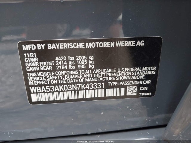 45724110 :رقم المزاد ، WBA53AK03N7K43331 vin ، 2022 Bmw 228 Gran Coupe I Sdrive مزاد بيع