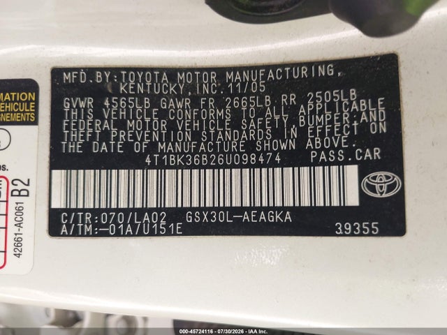 45724116 :رقم المزاد ، 4T1BK36B26U098474 vin ، 2006 Toyota Avalon Xls مزاد بيع