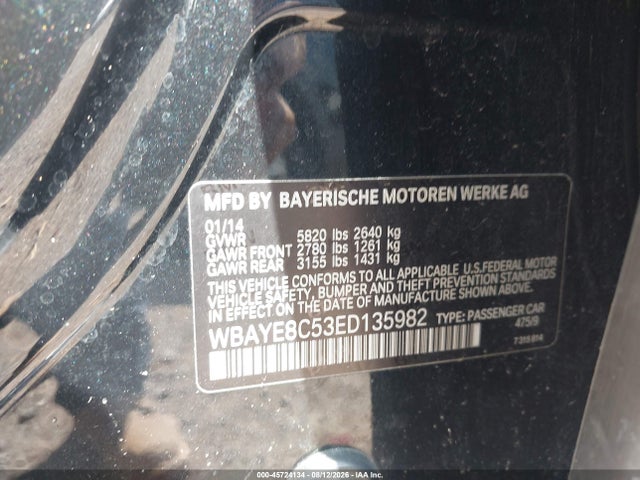 2014 Bmw 750 I მანქანა იყიდება აუქციონზე, vin: WBAYE8C53ED135982, აუქციონის ნომერი: 45724134