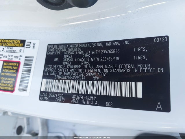 5TDKBRCH3PS598214 Toyota Highlander Hybrid Xle