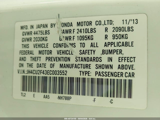 45724150 :رقم المزاد ، JH4CU2F43EC003552 vin ، 2014 Acura Tsx 2.4 مزاد بيع