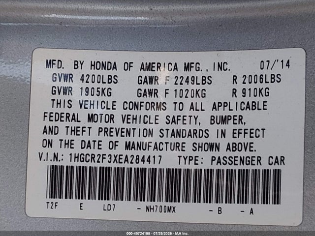 Honda ACCORD LX 2014 1HGCR2F3XEA284417 Image 9