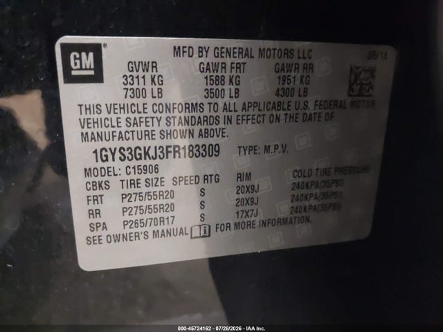 45724162 :رقم المزاد ، 1GYS3GKJ3FR183309 vin ، 2015 Cadillac Escalade Esv Standard مزاد بيع