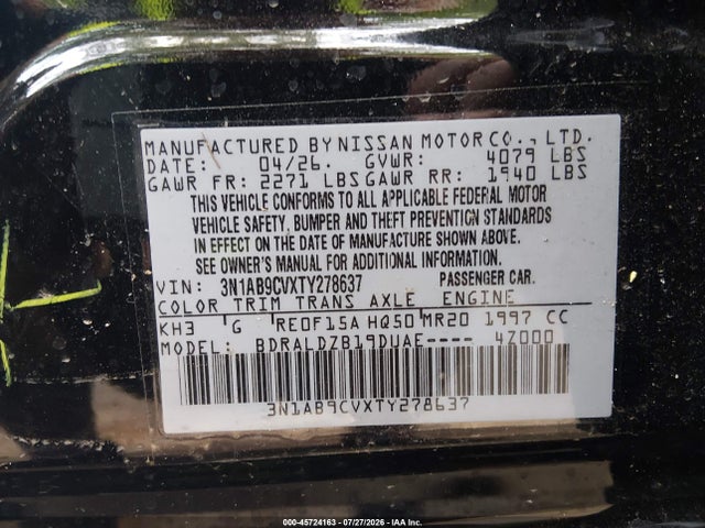 45724163 :رقم المزاد ، 3N1AB9CVXTY278637 vin ، 2026 Nissan Sentra Sv مزاد بيع