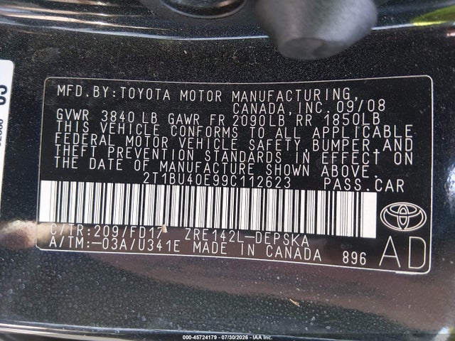 Aukcja sprzedaży 2009 Toyota Corolla S, vin: 2T1BU40E99C112623, numer aukcji: 45724179