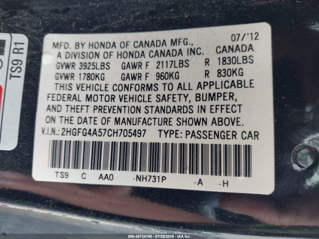 2012 Honda Civic Si მანქანა იყიდება აუქციონზე, vin: 2HGFG4A57CH705497, აუქციონის ნომერი: 45724190