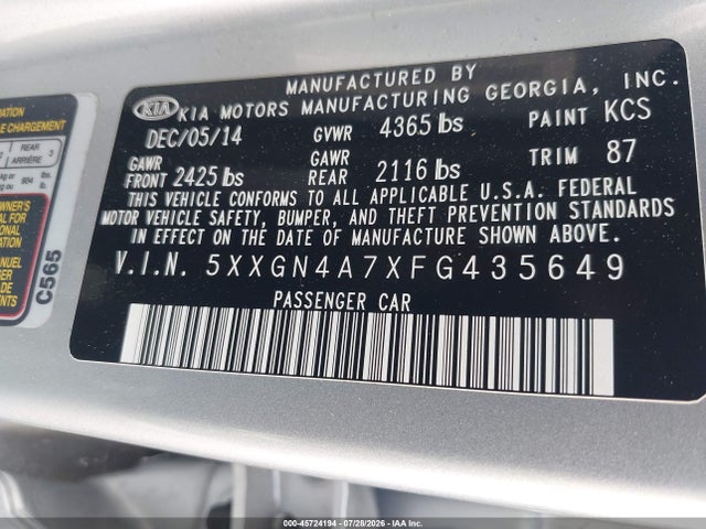 45724194 :رقم المزاد ، 5XXGN4A7XFG435649 vin ، 2015 Kia Optima Ex مزاد بيع
