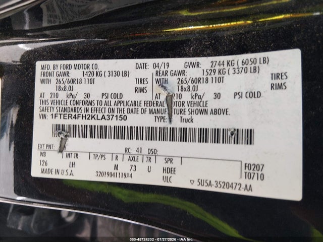 Aukcja sprzedaży 2019 Ford Ranger Xlt, vin: 1FTER4FH2KLA37150, numer aukcji: 45724202