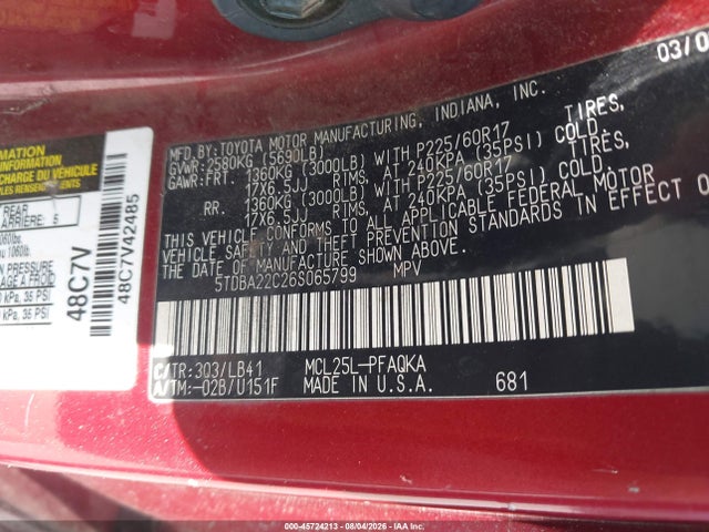 Продажа на аукционе авто 2006 Toyota Sienna Xle Limited, vin: 5TDBA22C26S065799, номер лота: 45724213
