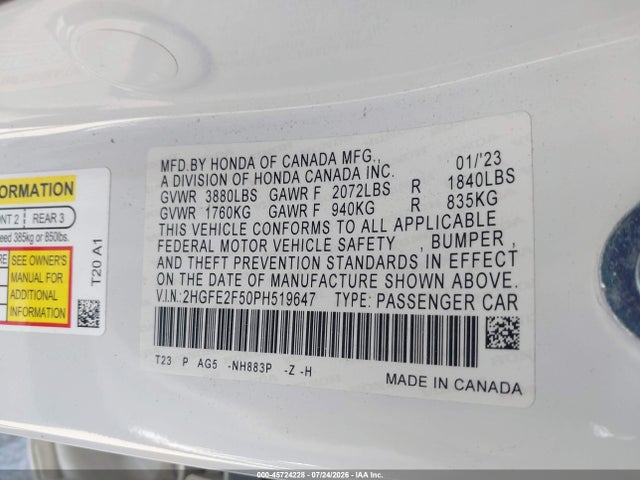 2HGFE2F50PH519647 Honda Civic Sport
