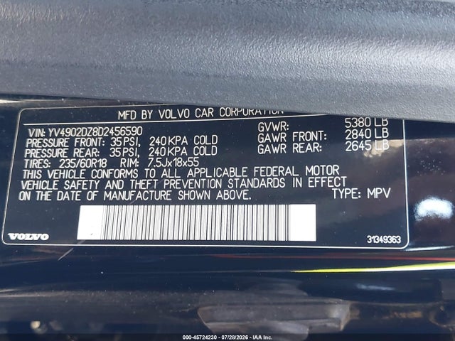45724230 :رقم المزاد ، YV4902DZ8D2456590 vin ، 2013 Volvo Xc60 T6 مزاد بيع