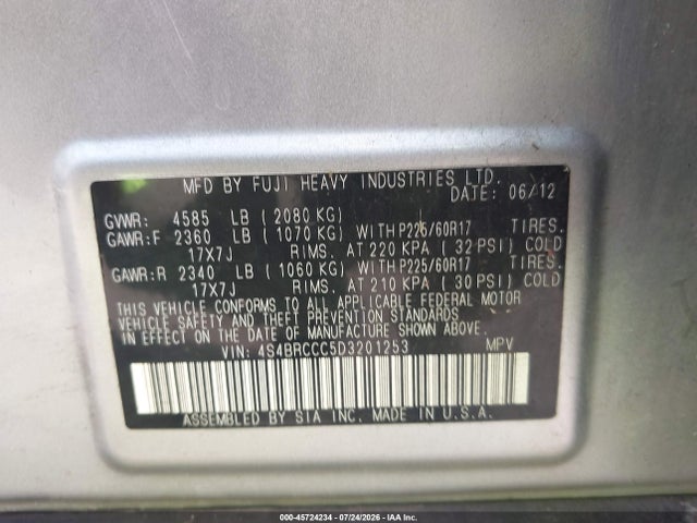 2013 Subaru Outback 2.5i Premium მანქანა იყიდება აუქციონზე, vin: 4S4BRCCC5D3201253, აუქციონის ნომერი: 45724234
