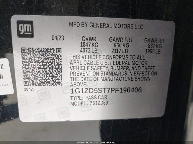 45724237 :رقم المزاد ، 1G1ZD5ST7PF196406 vin ، 2023 Chevrolet Malibu Fwd 1lt مزاد بيع