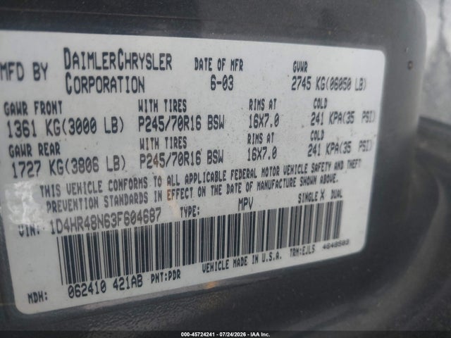 2003 Dodge Durango Slt მანქანა იყიდება აუქციონზე, vin: 1D4HR48N63F604687, აუქციონის ნომერი: 45724241
