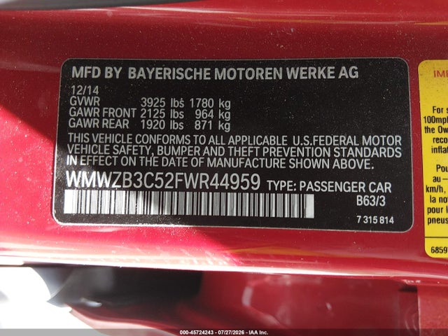 45724243 :رقم المزاد ، WMWZB3C52FWR44959 vin ، 2015 Mini Countryman Cooper مزاد بيع