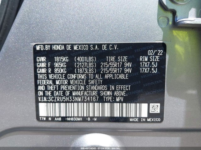 3CZRU5H33NM734167 Honda Hr-v 2wd Lx