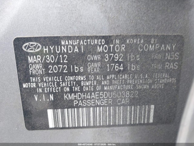 Aukcja sprzedaży 2013 Hyundai Elantra Gls, vin: KMHDH4AE5DU503822, numer aukcji: 45724248