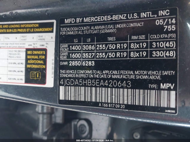 4JGDA5HB5EA420643 Mercedes-Benz Ml 350 4matic