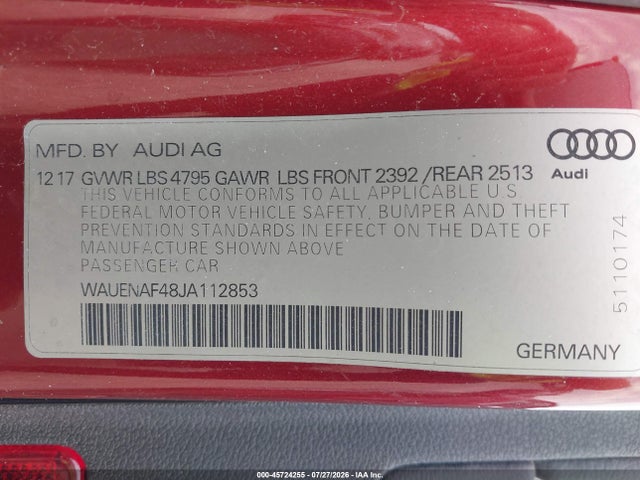 Aukcja sprzedaży 2018 Audi A4 2.0t Premium/2.0t Tech Premium, vin: WAUENAF48JA112853, numer aukcji: 45724255