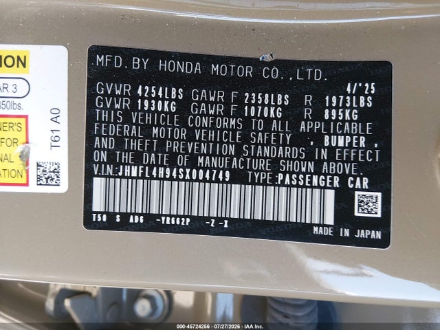 Aukcja sprzedaży 2025 Honda Civic Hybrid Sport Touring, vin: JHMFL4H94SX004749, numer aukcji: 45724256