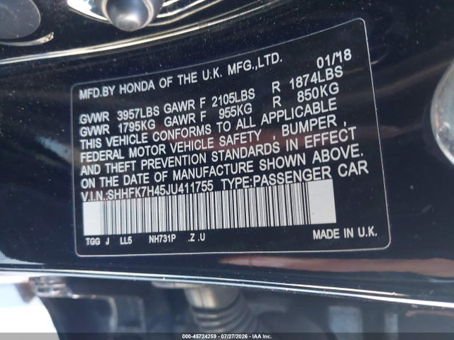 SHHFK7H45JU411755 Honda Civic Sport