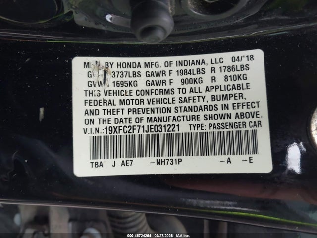 Продаж на аукціоні авто 2018 Honda Civic Ex, vin: 19XFC2F71JE031221, номер лоту: 45724264