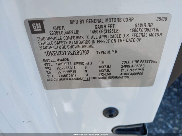 Auction sale of the 2008 Gmc Acadia Slt-1, vin: 1GKEV23718J280792, lot number: 45724294