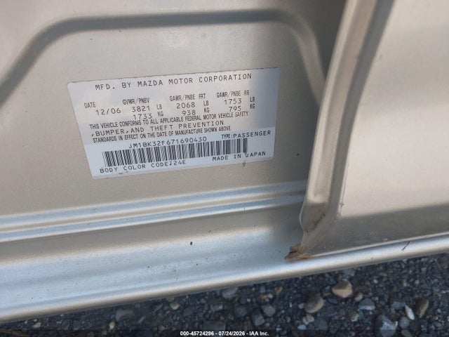 Aukcja sprzedaży 2007 Mazda Mazda3 I, vin: JM1BK32F671690430, numer aukcji: 45724296