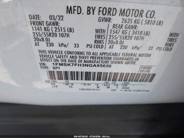 2022 Ford Explorer Limited მანქანა იყიდება აუქციონზე, vin: 1FMSK7FH3NGA95656, აუქციონის ნომერი: 45724325