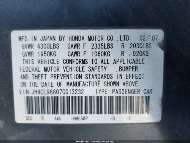 Продаж на аукціоні авто 2007 Acura Tsx, vin: JH4CL96807C013232, номер лоту: 45724337