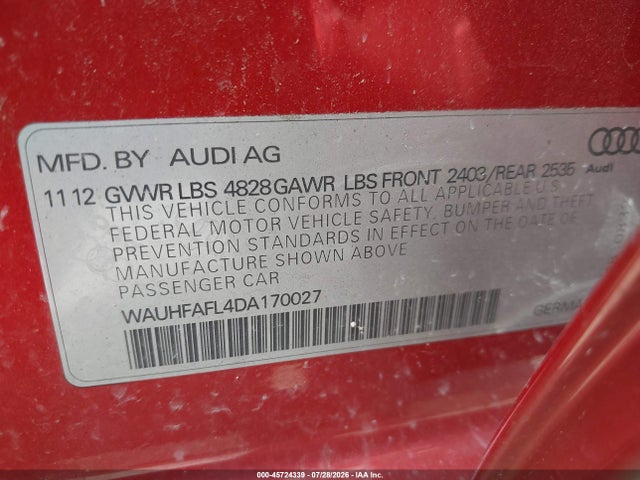 45724339 :رقم المزاد ، WAUHFAFL4DA170027 vin ، 2013 Audi A4 2.0t Premium مزاد بيع