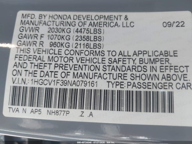 1HGCV1F39NA079161 Honda Accord Sport
