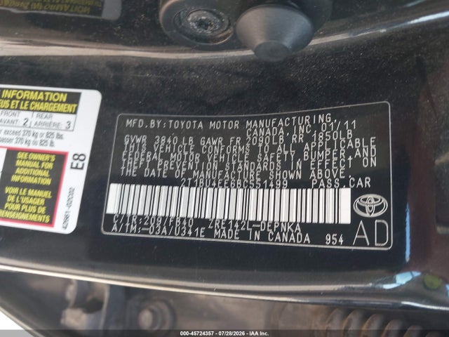 45724357 :رقم المزاد ، 2T1BU4EE6BC551499 vin ، 2011 Toyota Corolla Le مزاد بيع