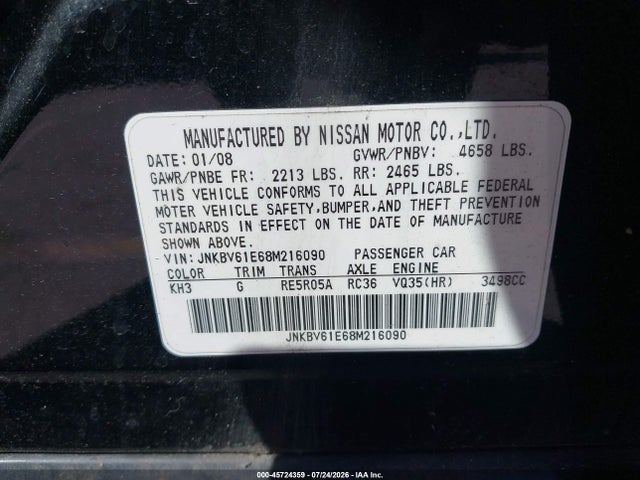 Продаж на аукціоні авто 2008 Infiniti G35 Journey, vin: JNKBV61E68M216090, номер лоту: 45724359
