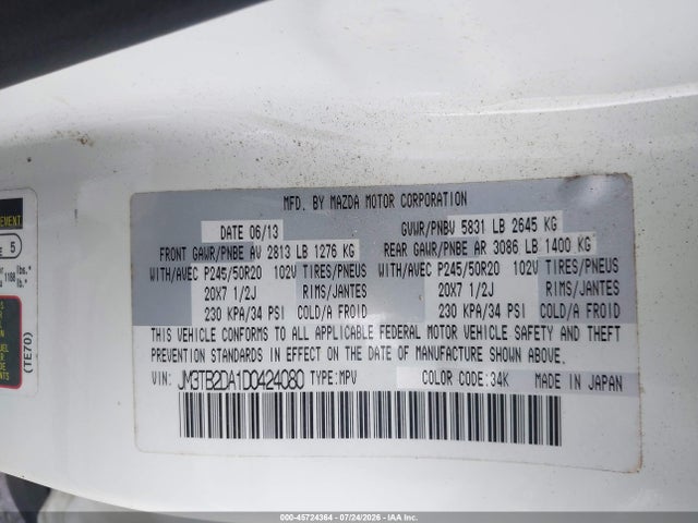 Aukcja sprzedaży 2013 Mazda Cx-9 Grand Touring, vin: JM3TB2DA1D0424080, numer aukcji: 45724364