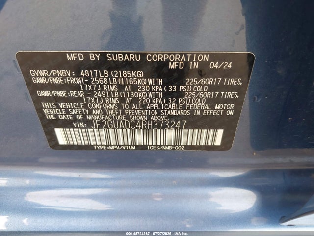 Aukcja sprzedaży 2024 Subaru Crosstrek Premium, vin: JF2GUADC4RH373247, numer aukcji: 45724367