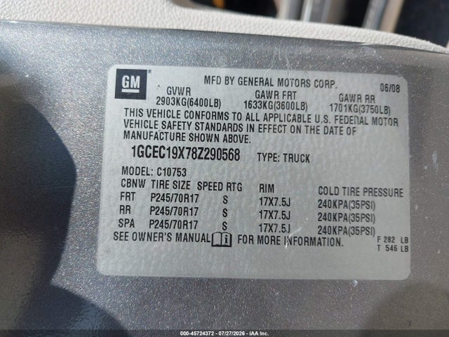 Продажа на аукционе авто 2008 Chevrolet Silverado 1500 Work Truck, vin: 1GCEC19X78Z290568, номер лота: 45724372