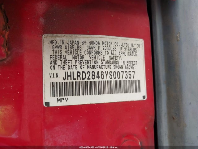 2000 Honda Cr-v Lx მანქანა იყიდება აუქციონზე, vin: JHLRD2846YS007357, აუქციონის ნომერი: 45724379