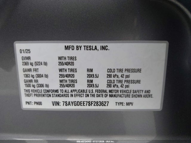 Продаж на аукціоні авто 2025 Tesla Model Y Long Range Dual Motor All-wheel Drive, vin: 7SAYGDEE7SF283627, номер лоту: 45724382