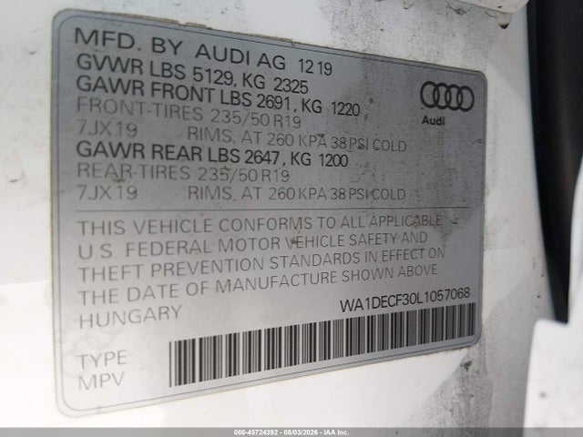 Продажа на аукционе авто 2020 Audi Q3 Premium 45 Tfsi S Line Quattro Tiptronic, vin: WA1DECF30L1057068, номер лота: 45724392
