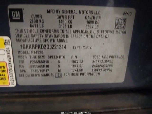 Продаж на аукціоні авто 2013 Gmc Acadia Sle-2, vin: 1GKKRPKD3DJ221314, номер лоту: 45724393