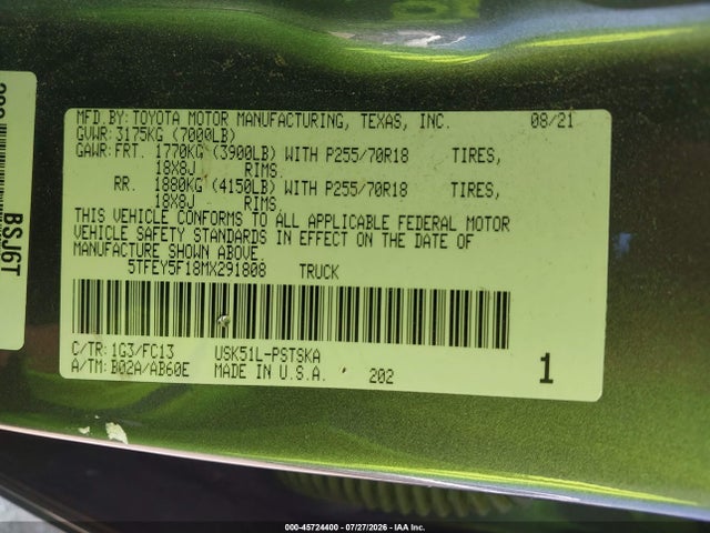 Продаж на аукціоні авто 2021 Toyota Tundra Sr5, vin: 5TFEY5F18MX291808, номер лоту: 45724400