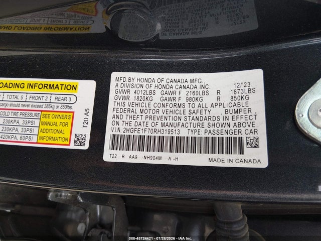 Продаж на аукціоні авто 2024 Honda Civic Ex, vin: 2HGFE1F70RH319513, номер лоту: 45724421