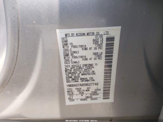 45724422 :رقم المزاد ، 1N6BA07A65N527746 vin ، 2005 Nissan Titan Se مزاد بيع