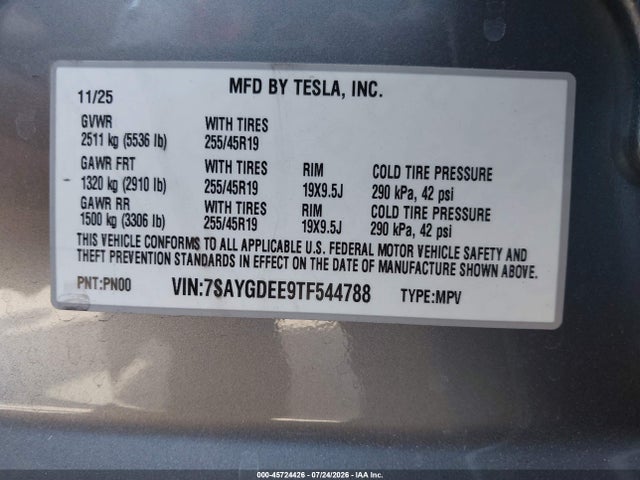 Aukcja sprzedaży 2026 Tesla Model Y All-wheel Drive/long Range Launch Series/premium All-wheel Drive, vin: 7SAYGDEE9TF544788, numer aukcji: 45724426