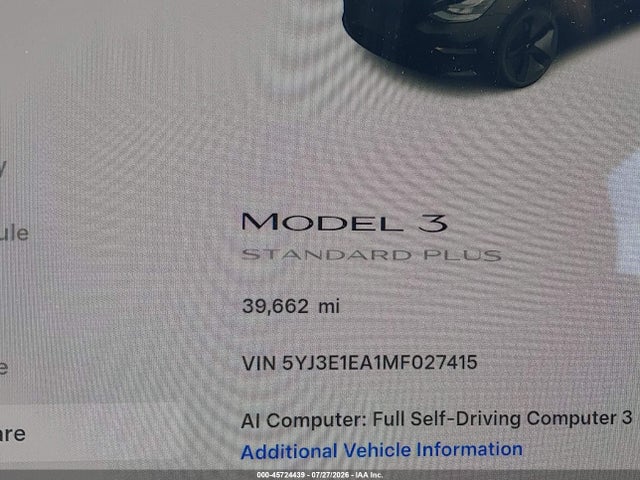 2021 Tesla Model 3 Standard Range Plus Rear-wheel Drive მანქანა იყიდება აუქციონზე, vin: 5YJ3E1EA1MF027415, აუქციონის ნომერი: 45724439