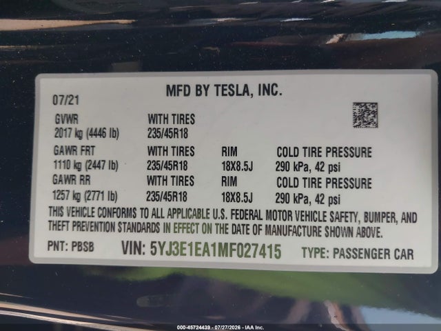 2021 Tesla Model 3 Standard Range Plus Rear-wheel Drive მანქანა იყიდება აუქციონზე, vin: 5YJ3E1EA1MF027415, აუქციონის ნომერი: 45724439